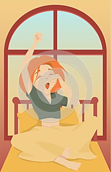 Cute little girl stretching in bed in the morning vector illustration